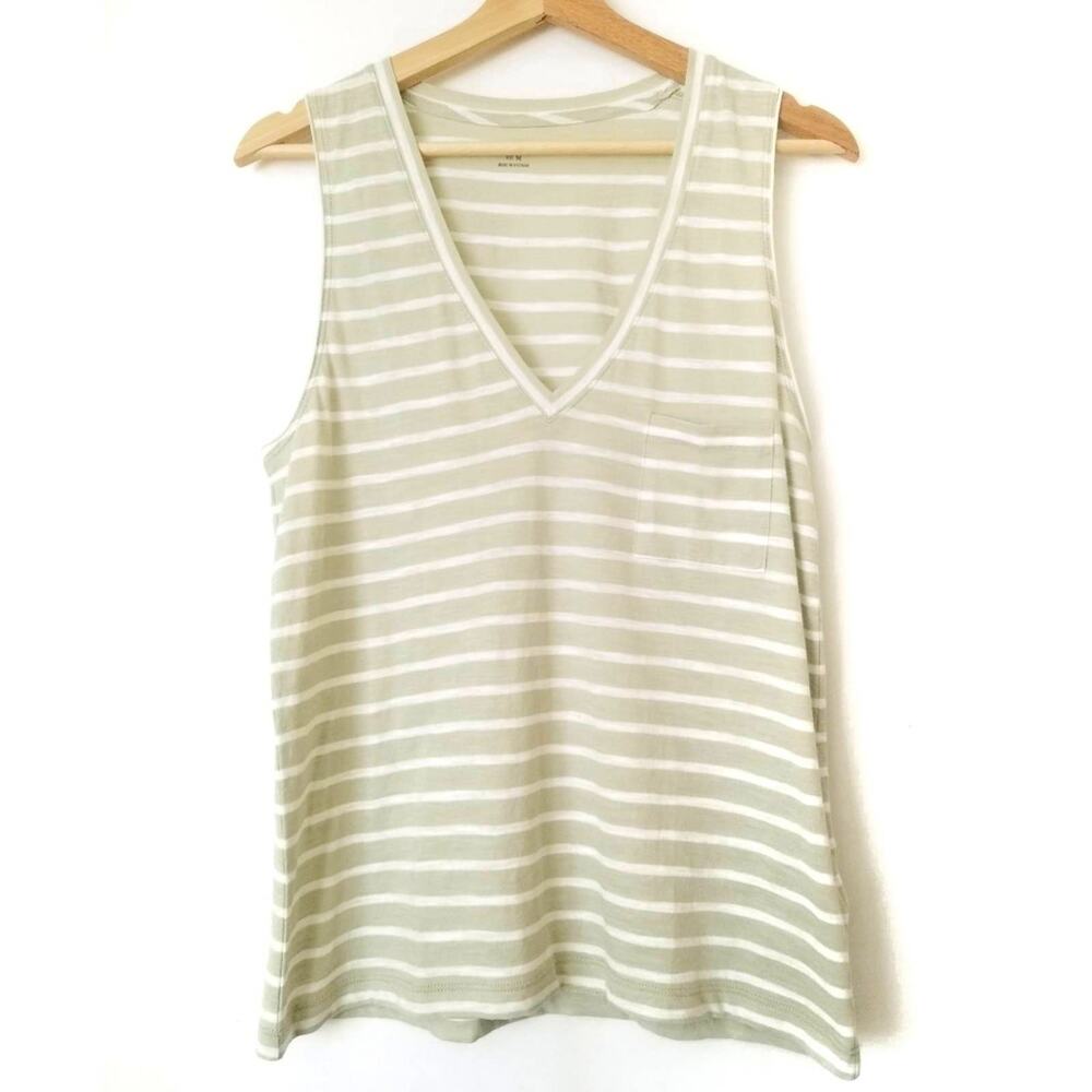 Madewell | Whisper Cotton V-Neck Baker Stripe Tank Sage Green